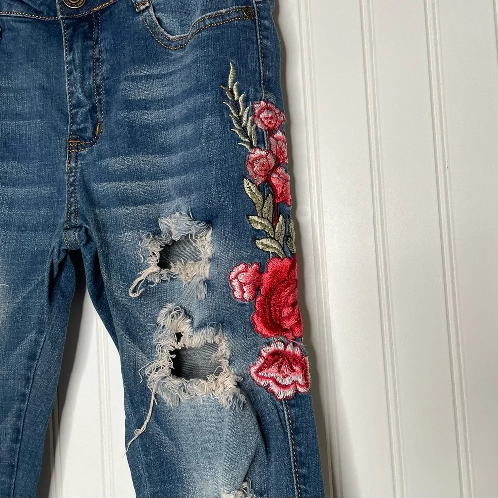 Machine Rose Embroidered Ripped Torn Skinny Jeans - Picture 4 of 9